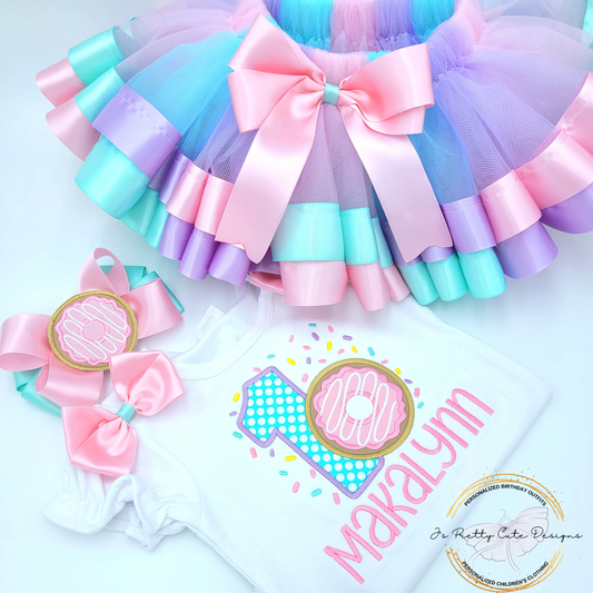 Girls Donut First Birthday Outfit – “Sweet One” Pastel Donut Tutu Set with Embroidered Personalized Name