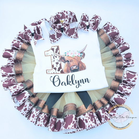 Girls Highland Cow 1st Birthday Outfit – Brown Cow Print & Gold Western Tutu Set with Personalized Name