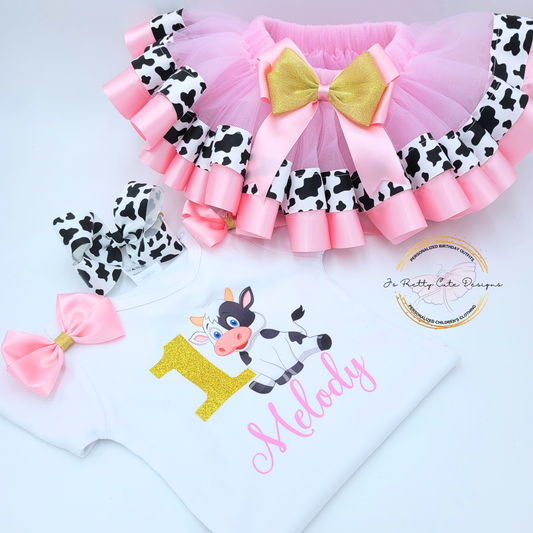 Girls Cow Print 1st Birthday Outfit – Pink Farm Theme Tutu Dress With Personalized Name & Hair Bow