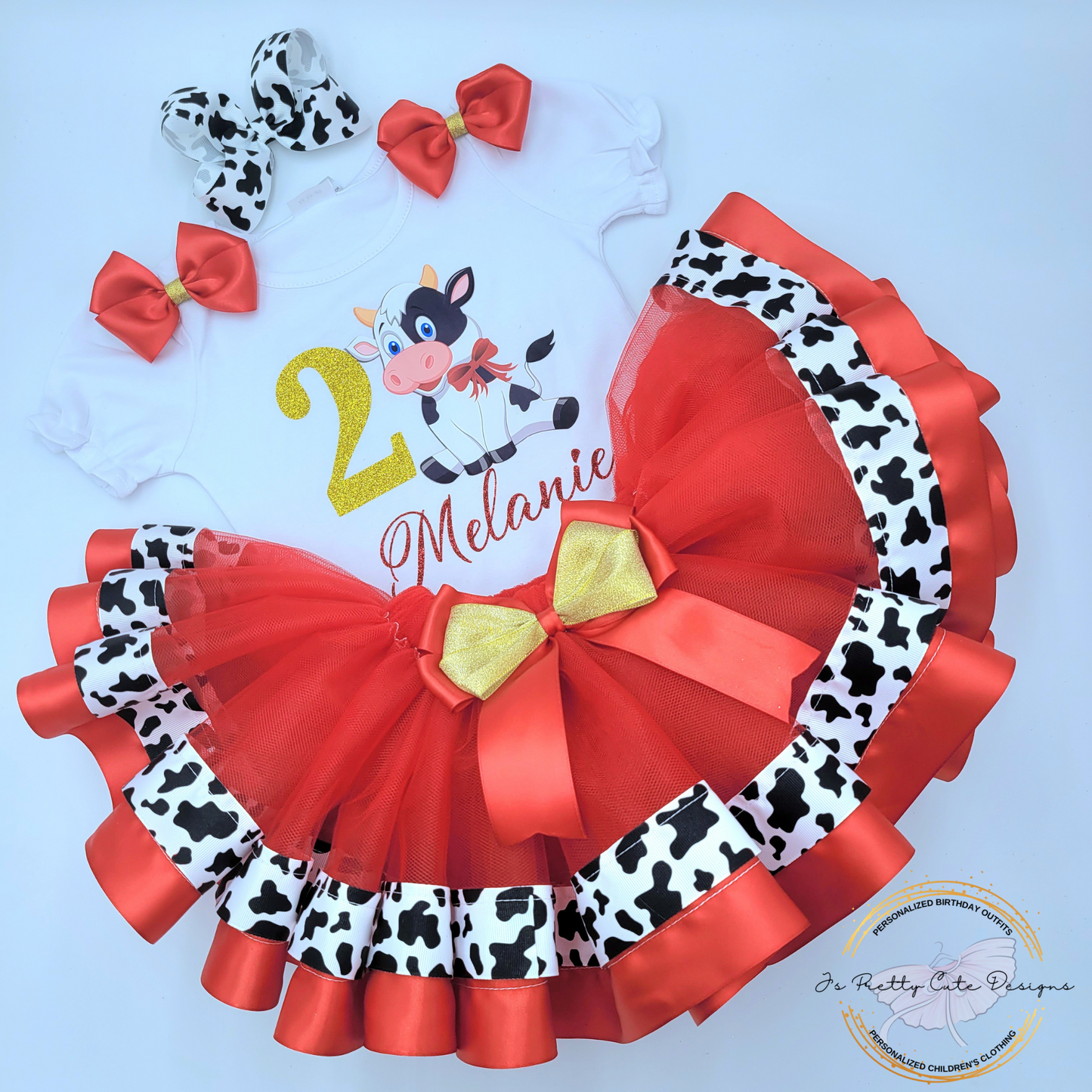 Girls Cow Print 2nd Birthday Outfit – Red and Gold Farm Theme Tutu Set with Personalized Name