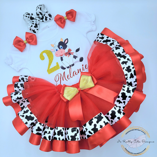 Girls Cow Print 2nd Birthday Outfit – Red and Gold Farm Theme Tutu Set with Personalized Name