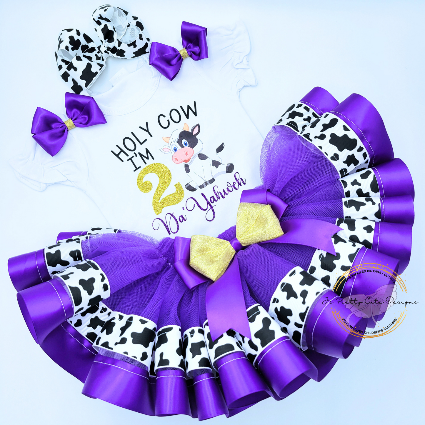 Girls “Holy Cow I’m 2” Birthday Outfit – Purple Cow Print Farm Theme Tutu Set with Personalized Name