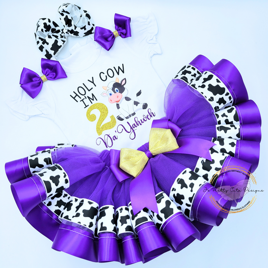 Girls “Holy Cow I’m 2” Birthday Outfit – Purple Cow Print Farm Theme Tutu Set with Personalized Name