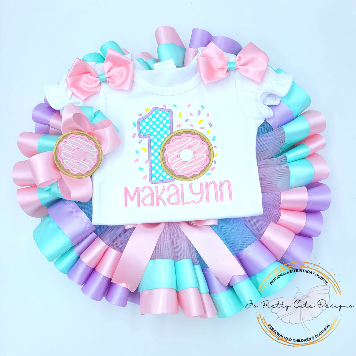 Girls Donut First Birthday Outfit – “Sweet One” Pastel Donut Tutu Set with Embroidered Personalized Name