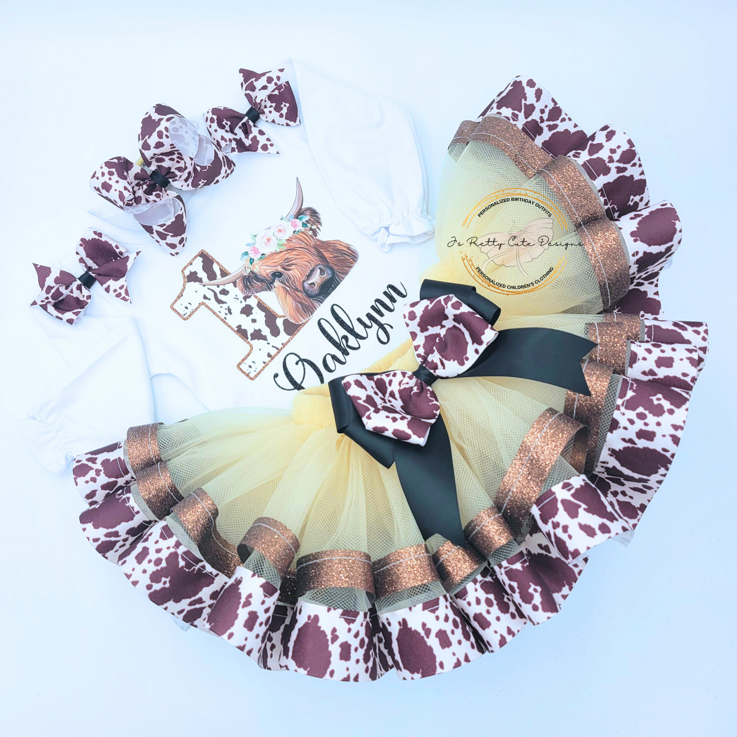 Girls Highland Cow 1st Birthday Outfit – Brown Cow Print & Gold Western Tutu Set with Personalized Name