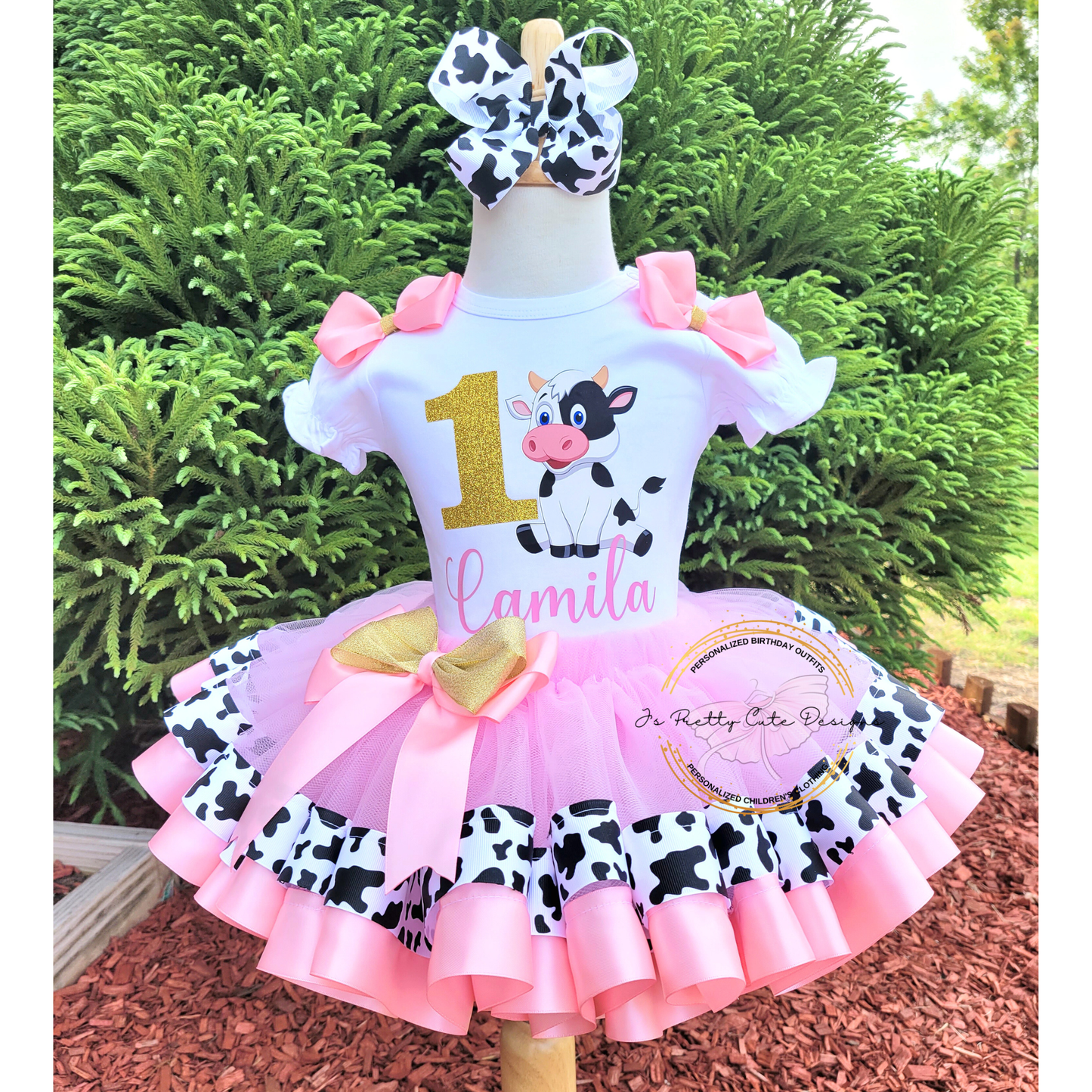 Girls Cow Print 1st Birthday Outfit – Pink Farm Theme Tutu Dress With Personalized Name & Hair Bow