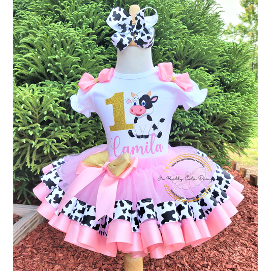Girls Cow Print 1st Birthday Outfit – Pink Farm Theme Tutu Dress With Personalized Name & Hair Bow