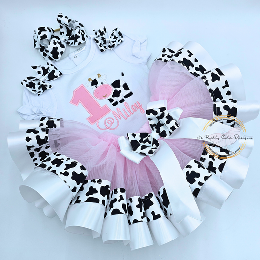 Girls Cow Print 1st Birthday Outfit - Pink Farm Theme Tutu Set with Custom Name | Baby Girl Birthday Clothes