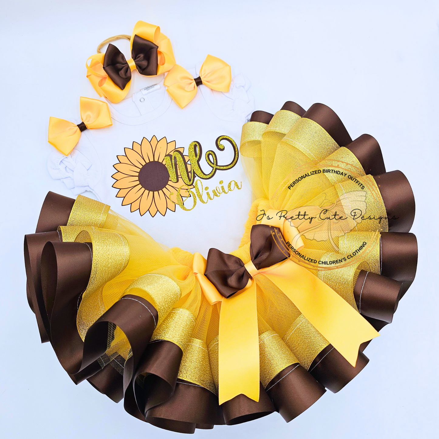Sunflower First Birthday Outfit for Girls – Personalized “One” Tutu Set with Yellow and Brown Bows