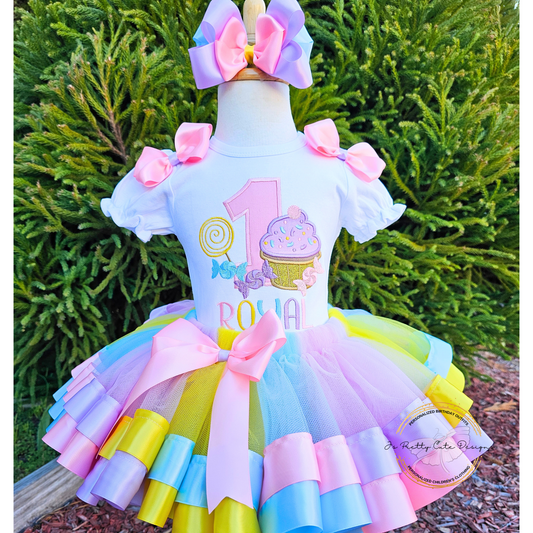 Candyland 1st Birthday Outfit for Girls – Pastel Cupcake Tutu Set with Personalized Name