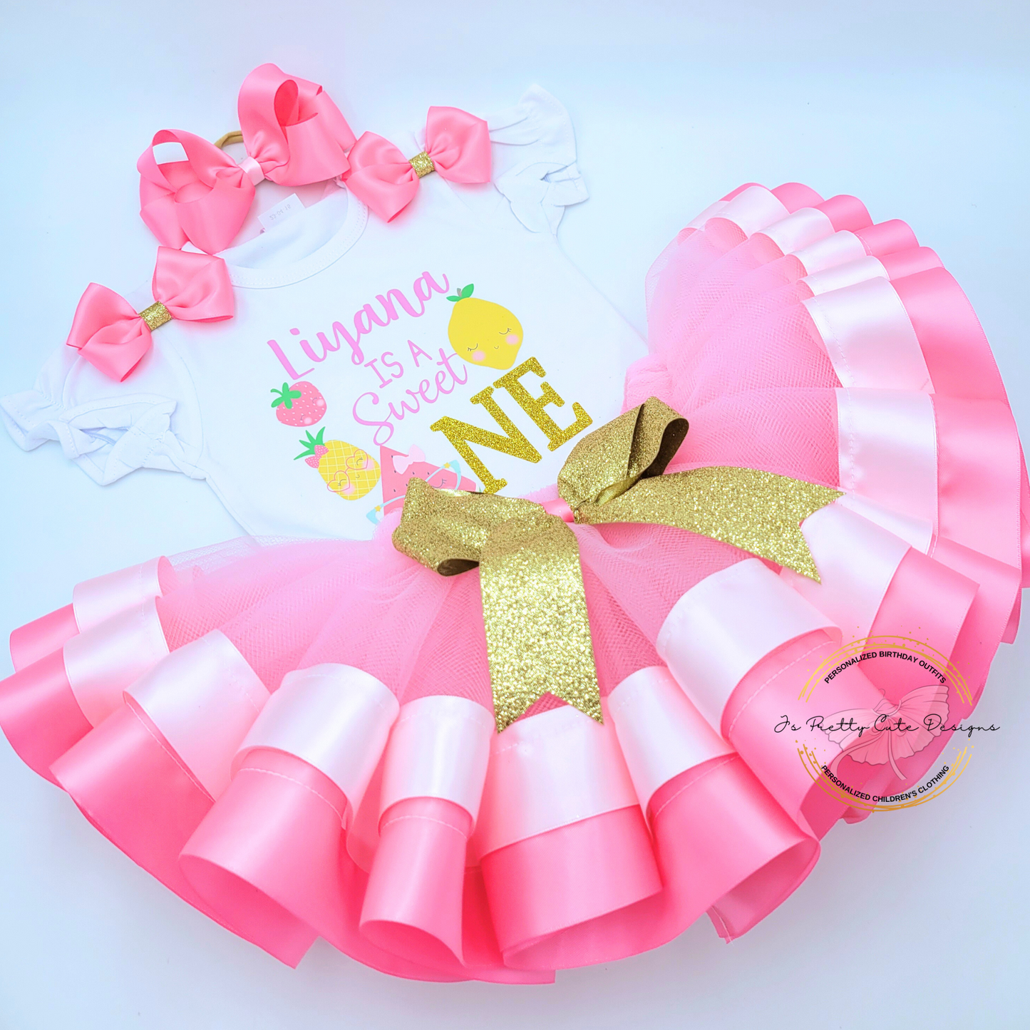 Personalized “Sweet One” First Birthday Outfit – Pink & Gold Tutu Set for Girls | Fruit Theme Birthday Dress with Name