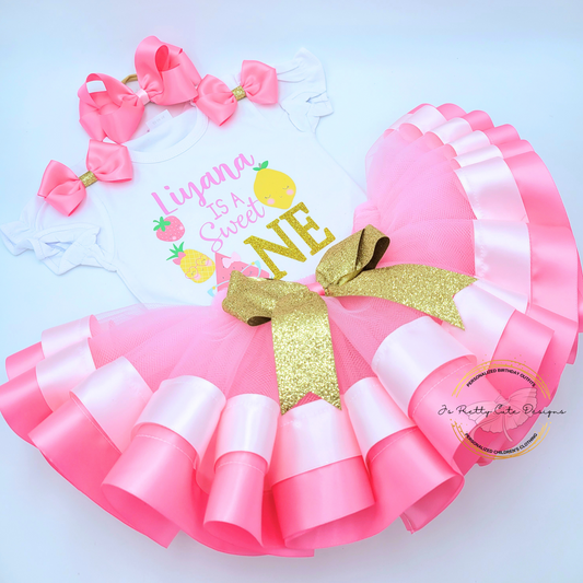 Personalized “Sweet One” First Birthday Outfit – Pink & Gold Tutu Set for Girls | Fruit Theme Birthday Dress with Name