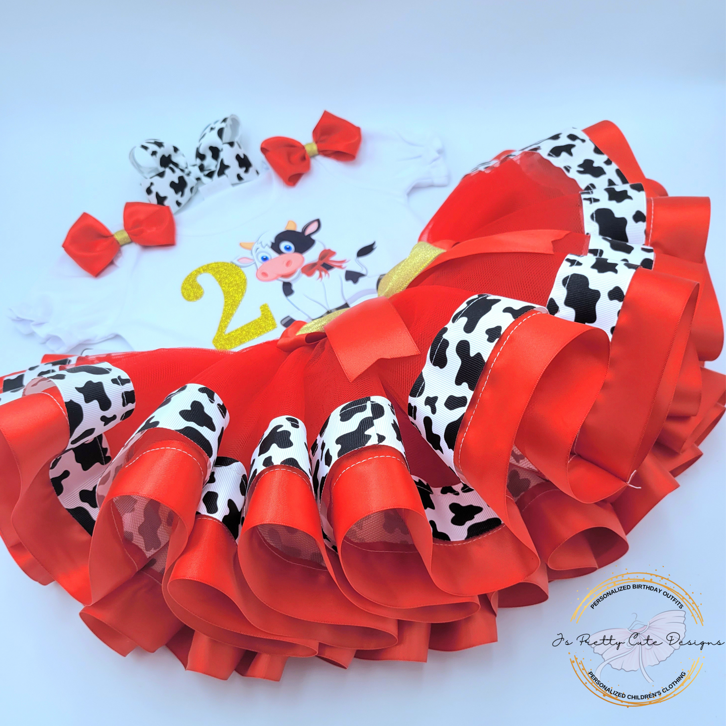 Girls Cow Print 2nd Birthday Outfit – Red and Gold Farm Theme Tutu Set with Personalized Name