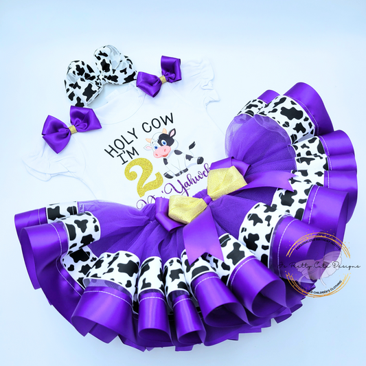 Girls “Holy Cow I’m 2” Birthday Outfit – Purple Cow Print Farm Theme Tutu Set with Personalized Name