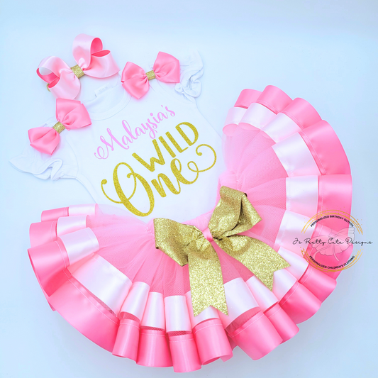 Wild One First Birthday Outfit for Girls – Pink and Gold Tutu Set, Personalized 1st Birthday Outfit