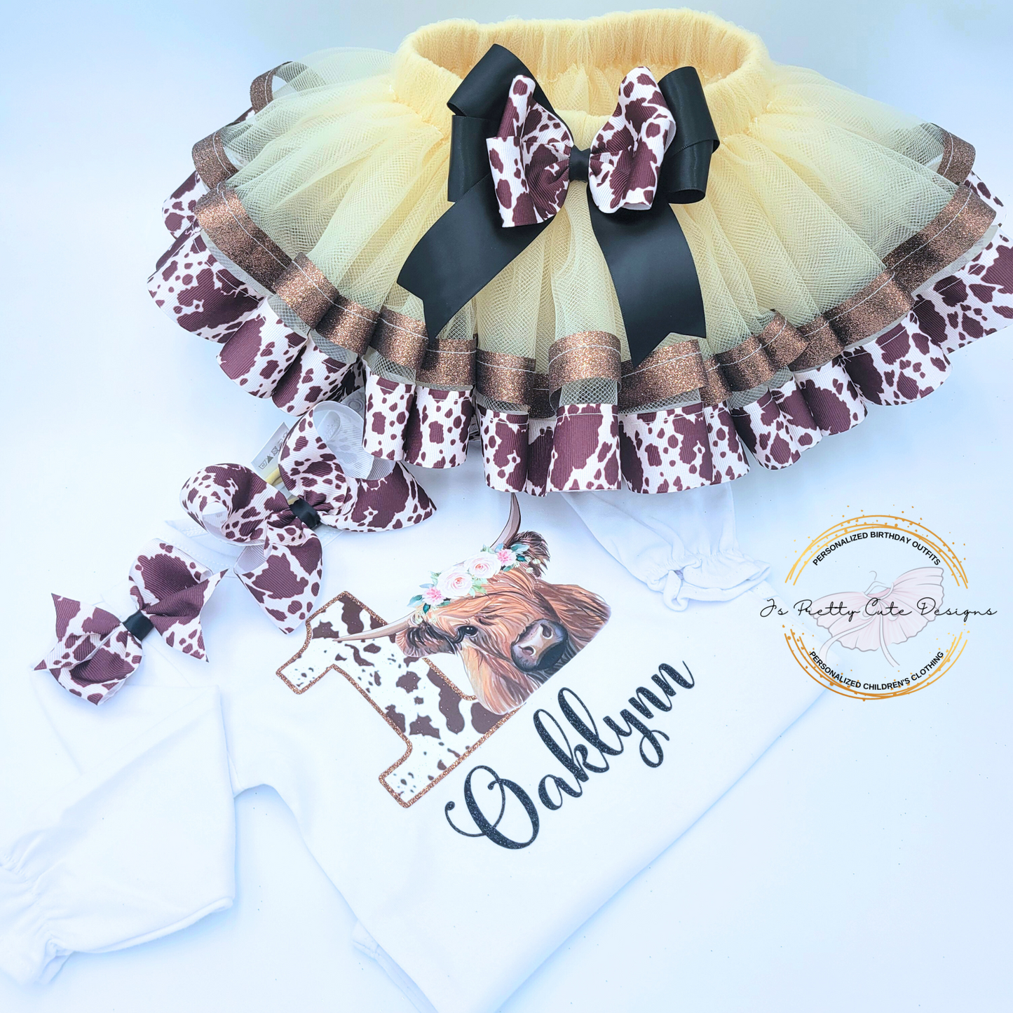 Girls Highland Cow 1st Birthday Outfit – Brown Cow Print & Gold Western Tutu Set with Personalized Name