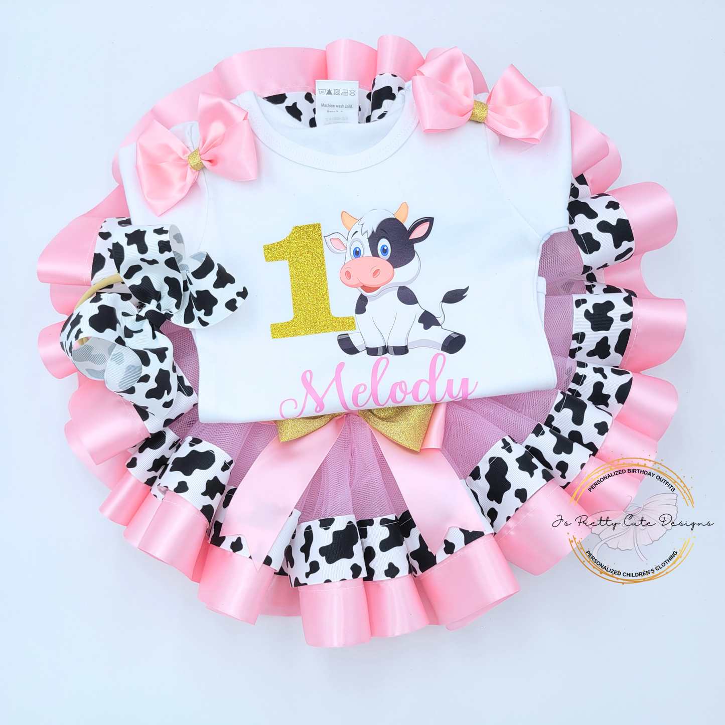 Girls Cow Print 1st Birthday Outfit – Pink Farm Theme Tutu Dress With Personalized Name & Hair Bow