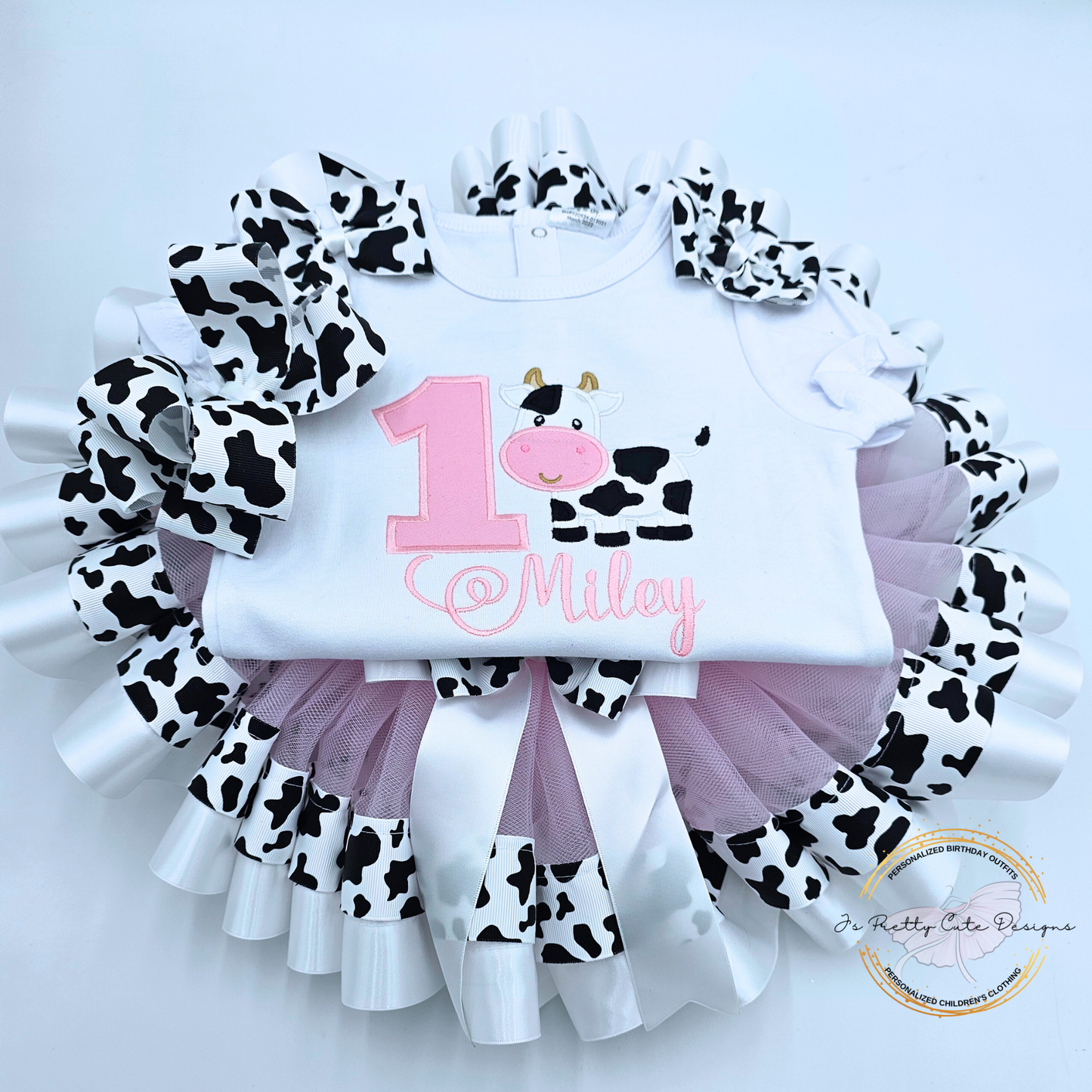 Girls Cow Print 1st Birthday Outfit - Pink Farm Theme Tutu Set with Custom Name | Baby Girl Birthday Clothes