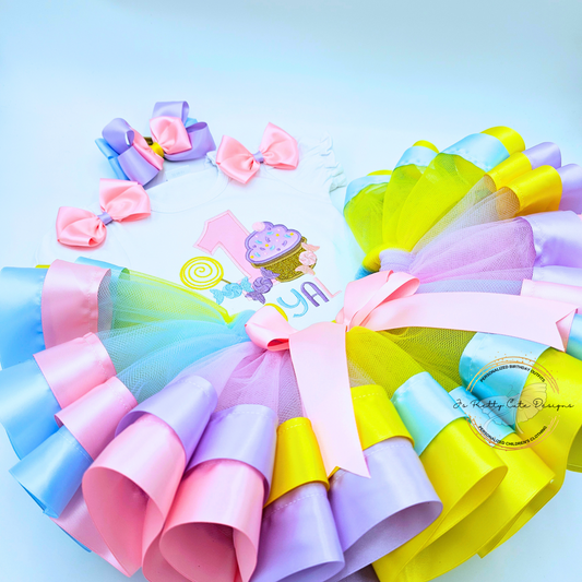 Candyland 1st Birthday Outfit for Girls – Pastel Cupcake Tutu Set with Personalized Name