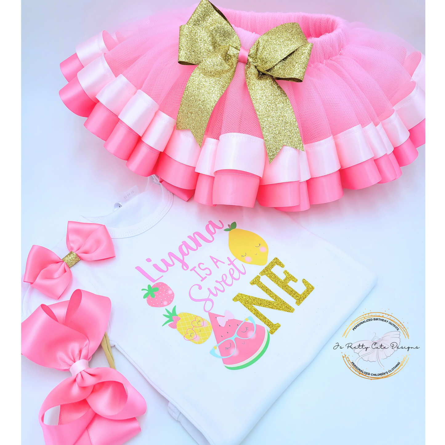 Personalized “Sweet One” First Birthday Outfit – Pink & Gold Tutu Set for Girls | Fruit Theme Birthday Dress with Name