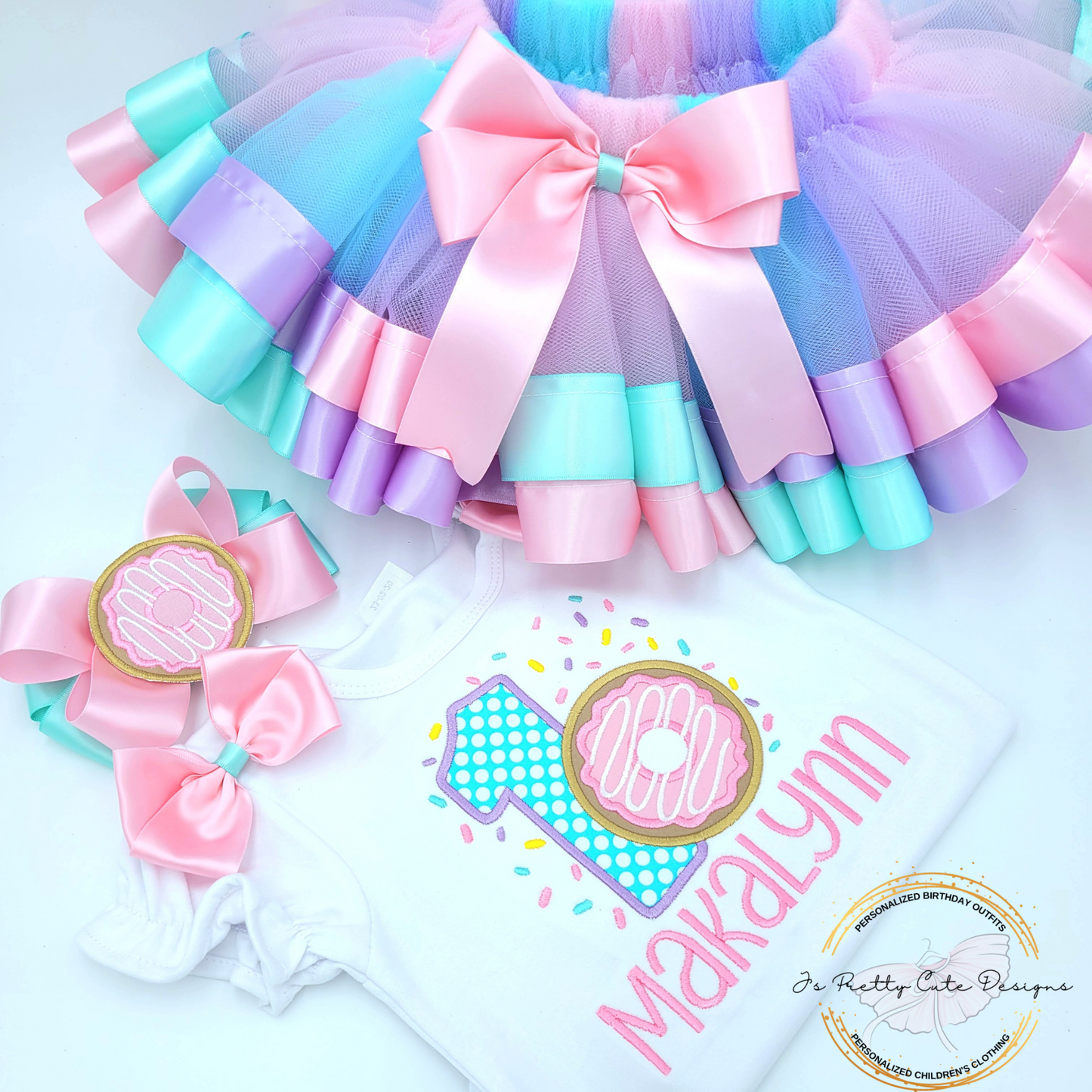 Girls Donut First Birthday Outfit – “Sweet One” Pastel Donut Tutu Set with Embroidered Personalized Name