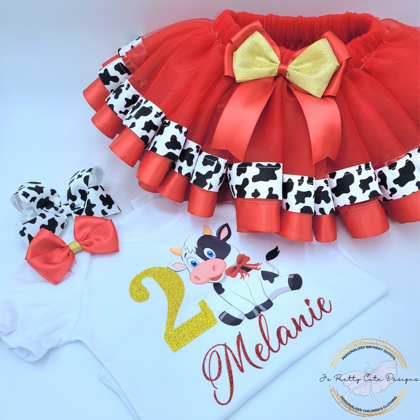 Girls Cow Print 2nd Birthday Outfit – Red and Gold Farm Theme Tutu Set with Personalized Name