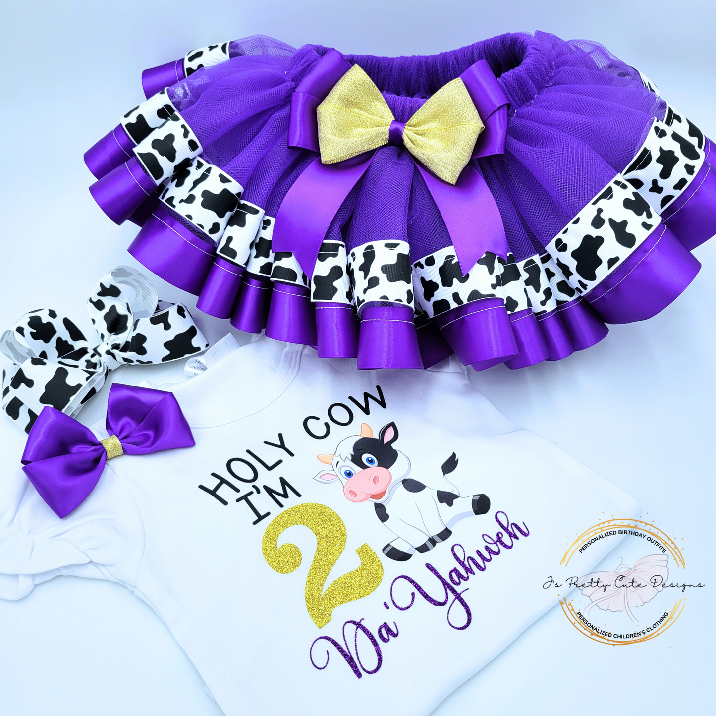 Girls “Holy Cow I’m 2” Birthday Outfit – Purple Cow Print Farm Theme Tutu Set with Personalized Name