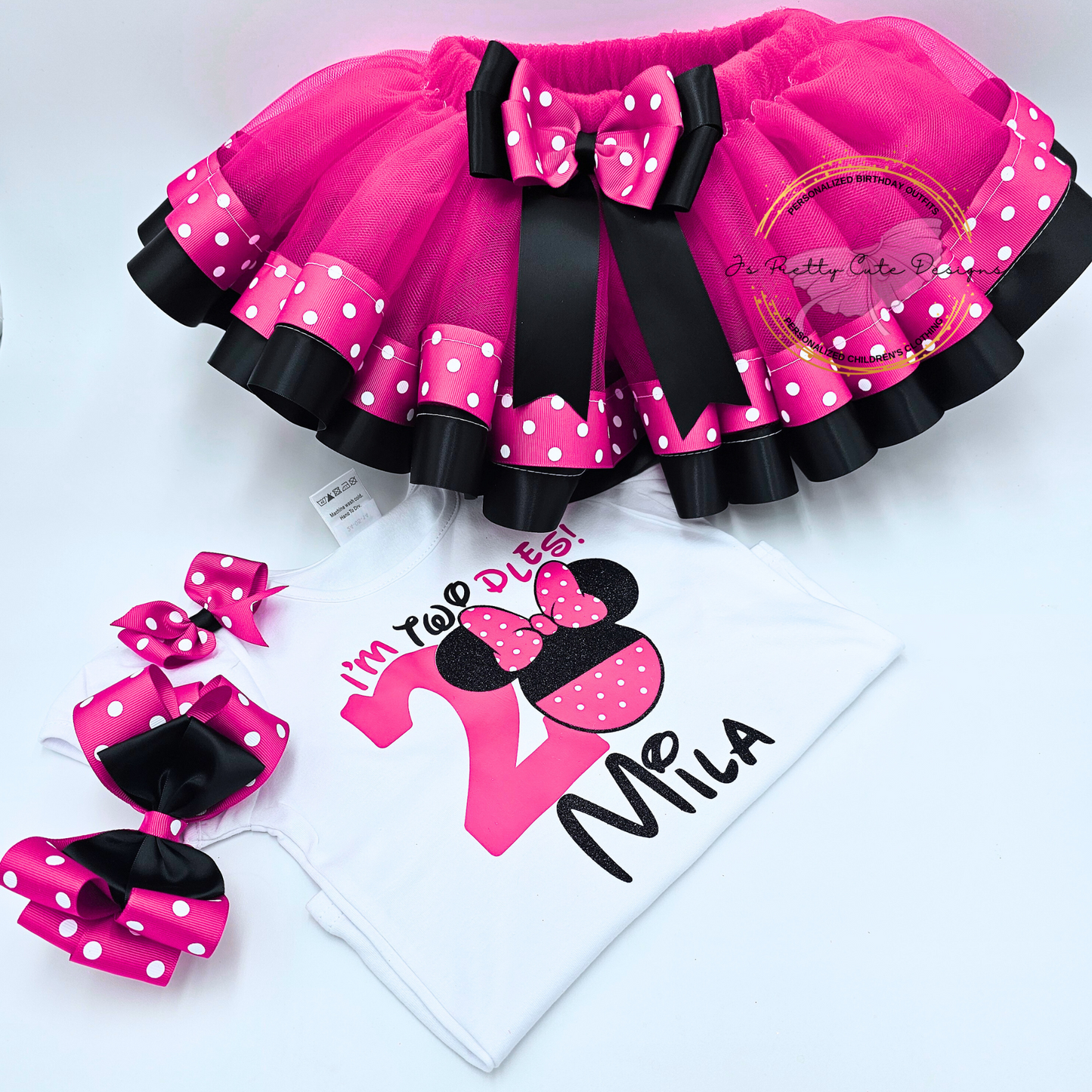 Personalized Minnie Mouse Birthday Outfit for Girls | Pink & Black Tutu Set