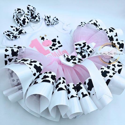Girls Cow Print 1st Birthday Outfit - Pink Farm Theme Tutu Set with Custom Name | Baby Girl Birthday Clothes
