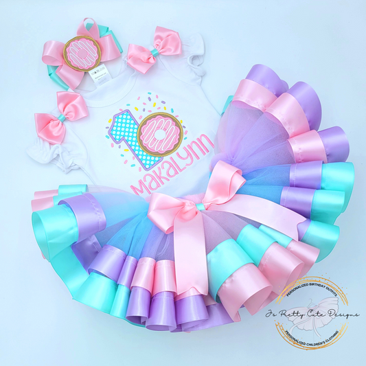 Girls Donut First Birthday Outfit – “Sweet One” Pastel Donut Tutu Set with Embroidered Personalized Name