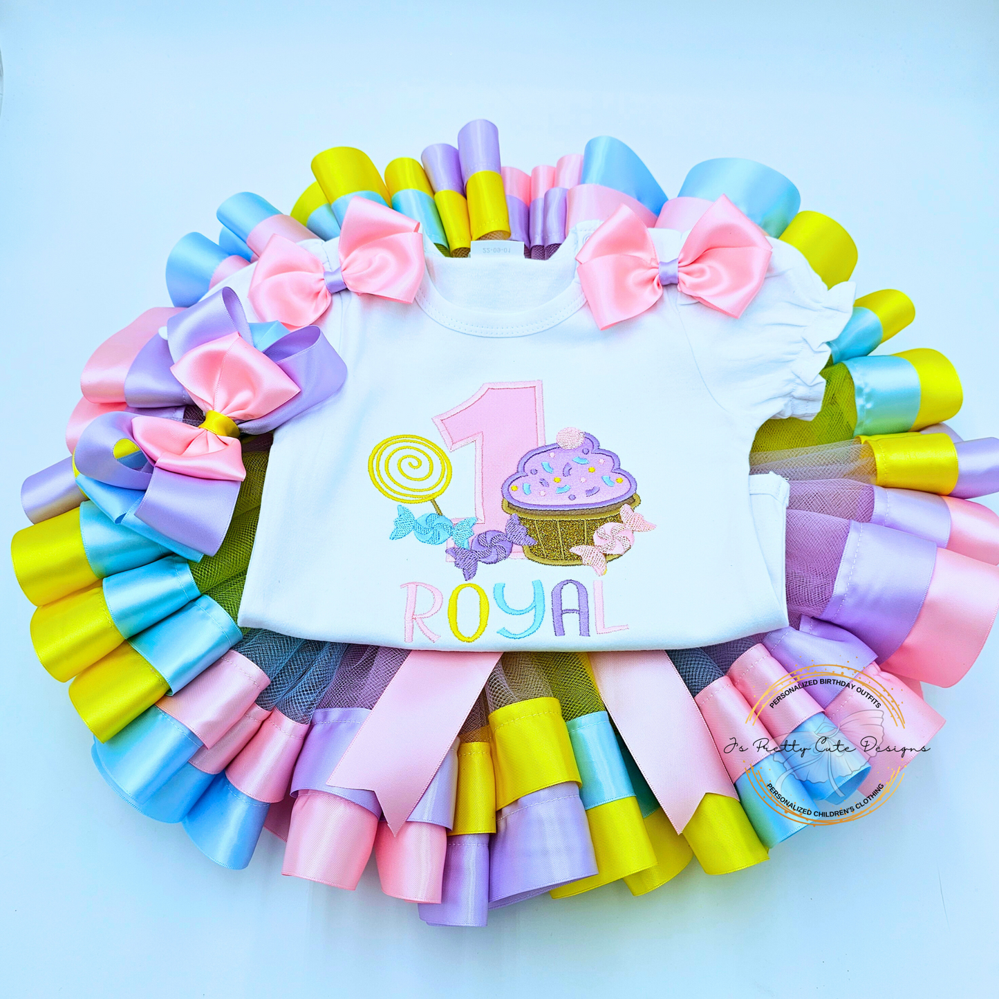 Candyland 1st Birthday Outfit for Girls – Pastel Cupcake Tutu Set with Personalized Name