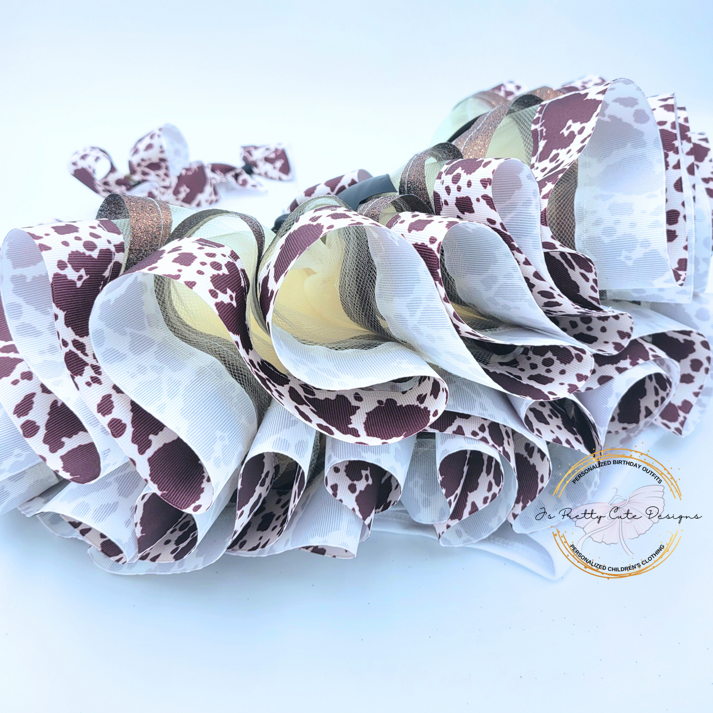 Girls Highland Cow 1st Birthday Outfit – Brown Cow Print & Gold Western Tutu Set with Personalized Name