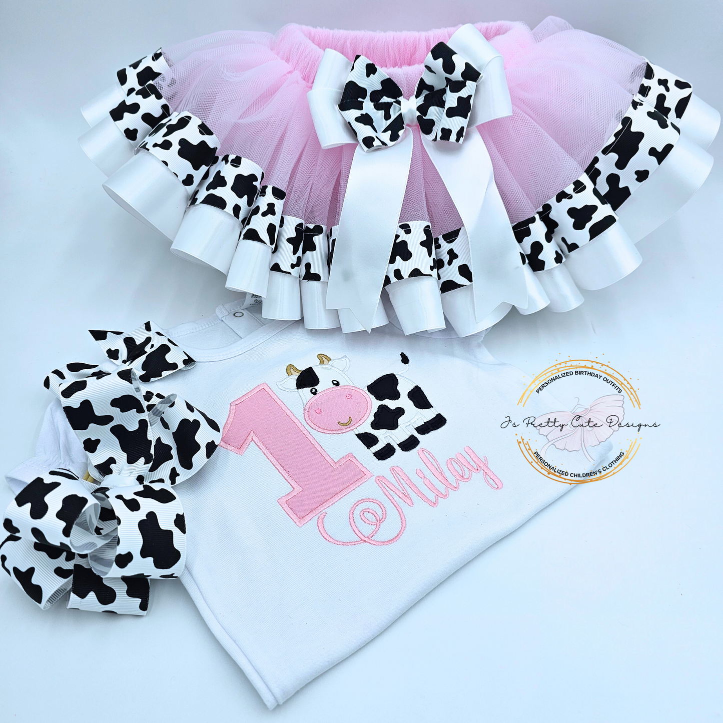 Girls Cow Print 1st Birthday Outfit - Pink Farm Theme Tutu Set with Custom Name | Baby Girl Birthday Clothes