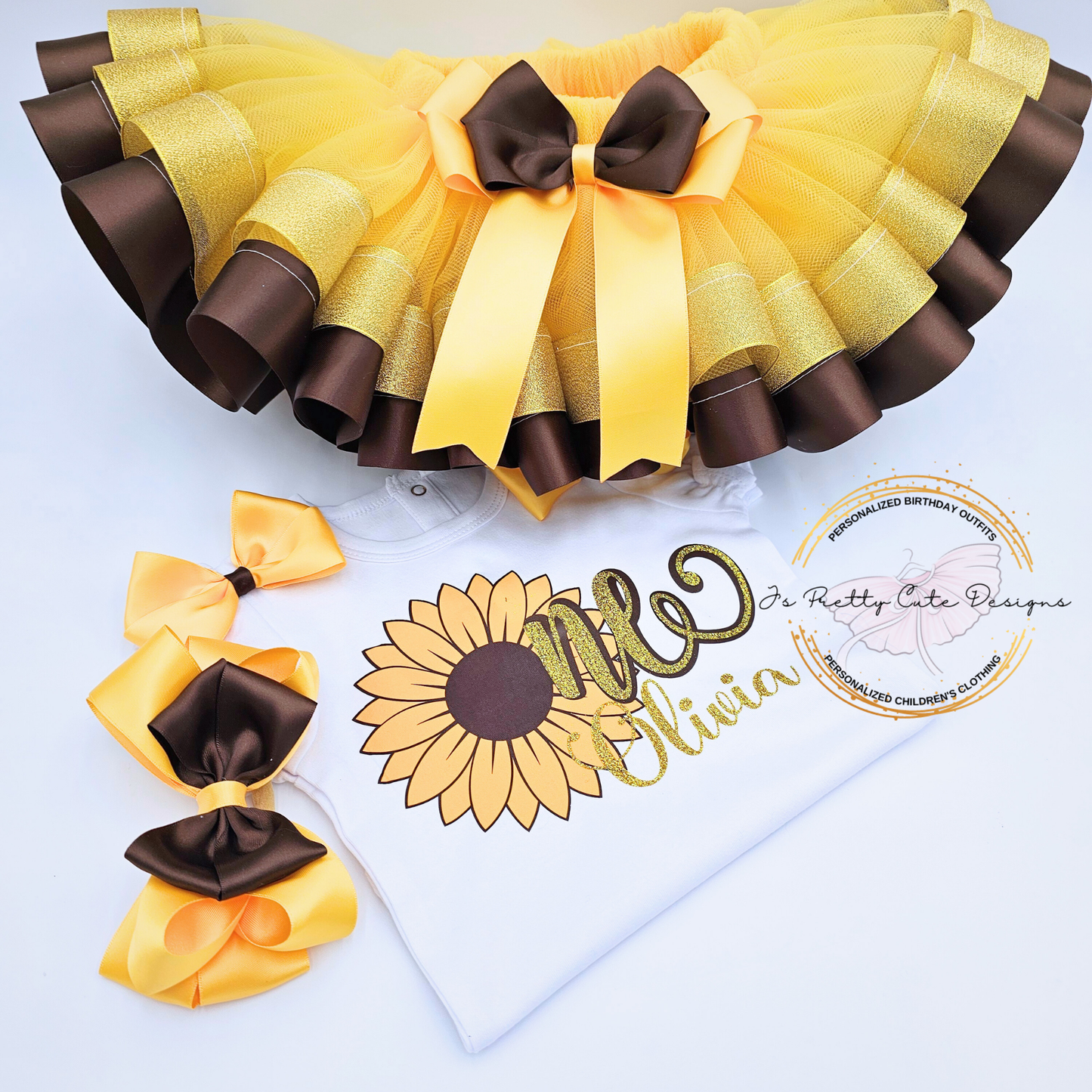 Sunflower First Birthday Outfit for Girls – Personalized “One” Tutu Set with Yellow and Brown Bows