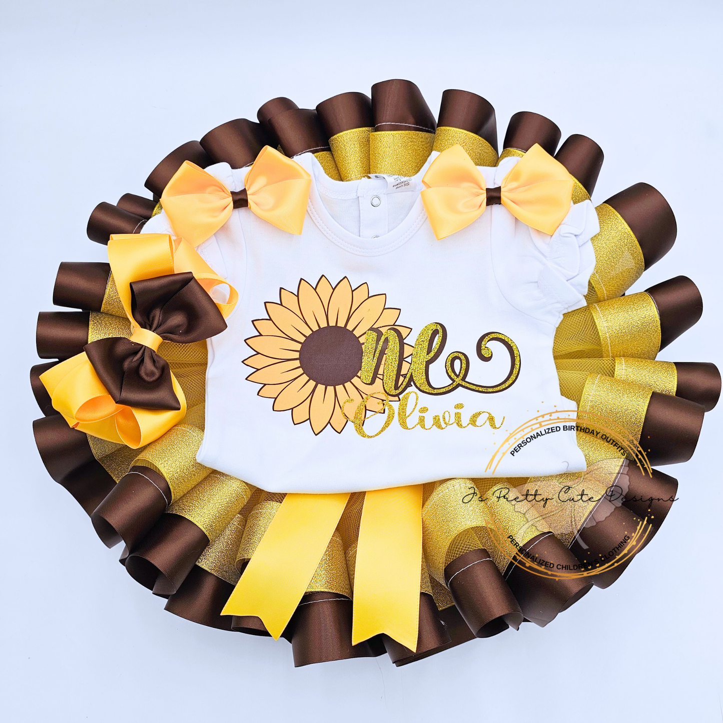 Sunflower First Birthday Outfit for Girls – Personalized “One” Tutu Set with Yellow and Brown Bows