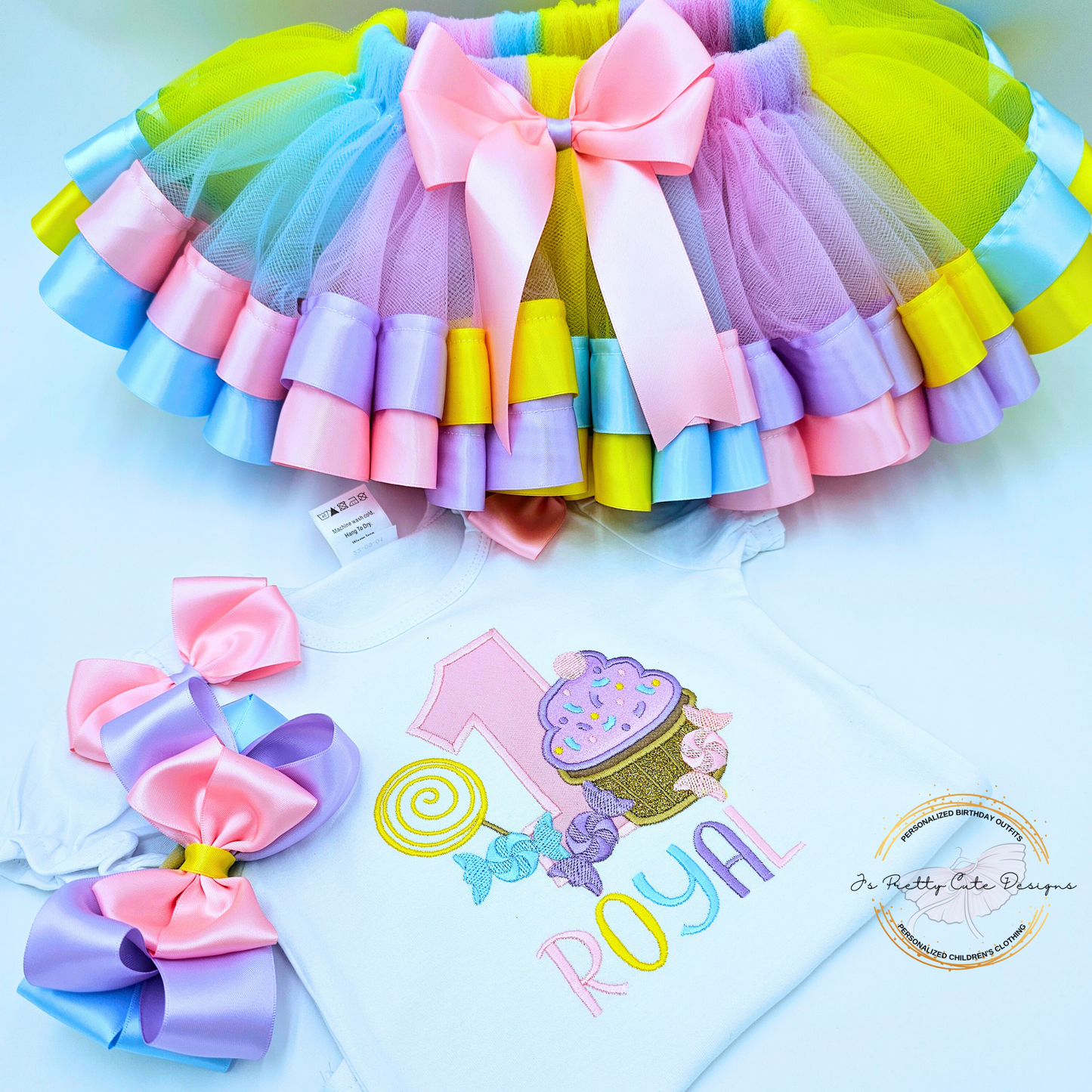 Candyland 1st Birthday Outfit for Girls – Pastel Cupcake Tutu Set with Personalized Name