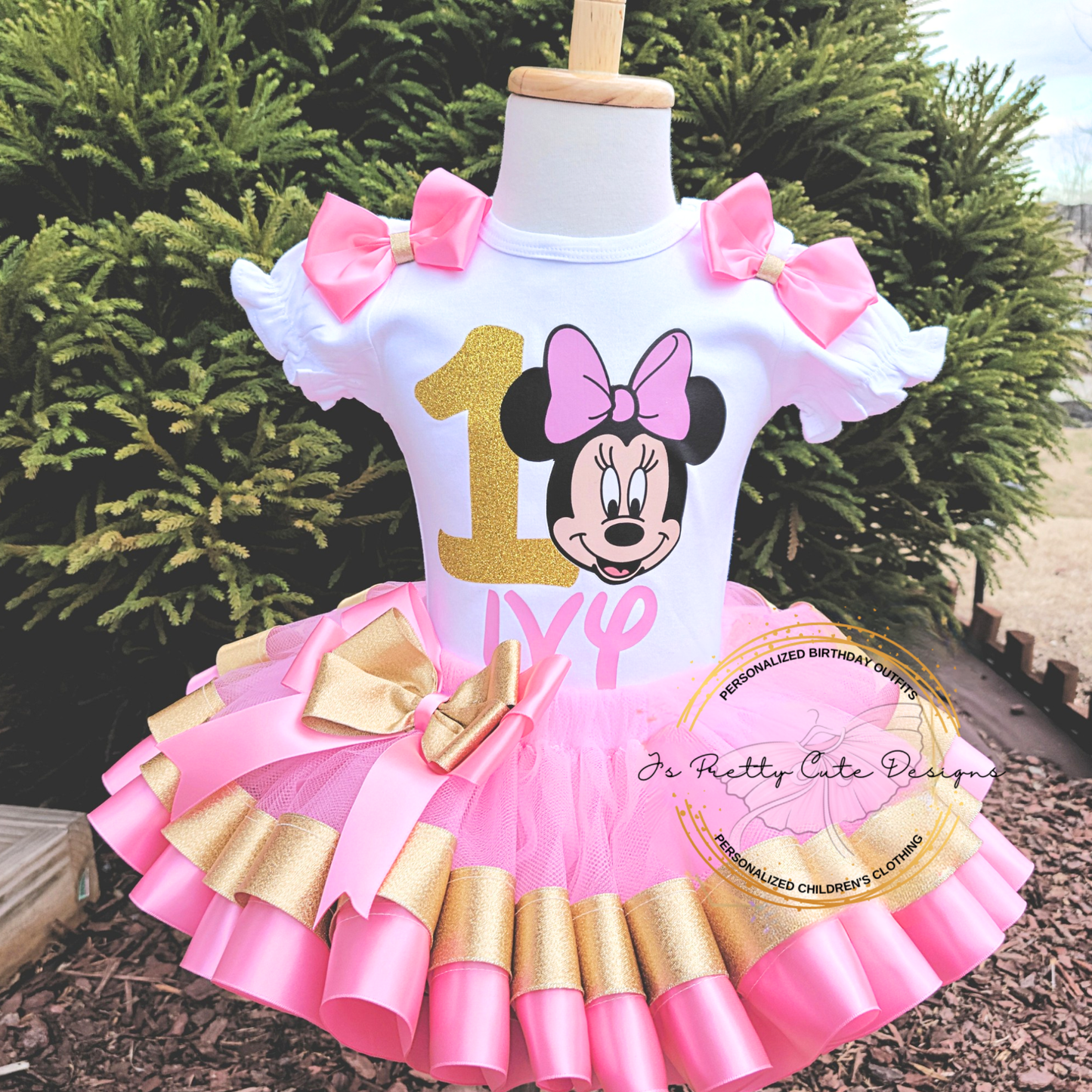 Personalized Minnie Mouse First Birthday Outfit for Girls | Pink & Gold Tutu Set
