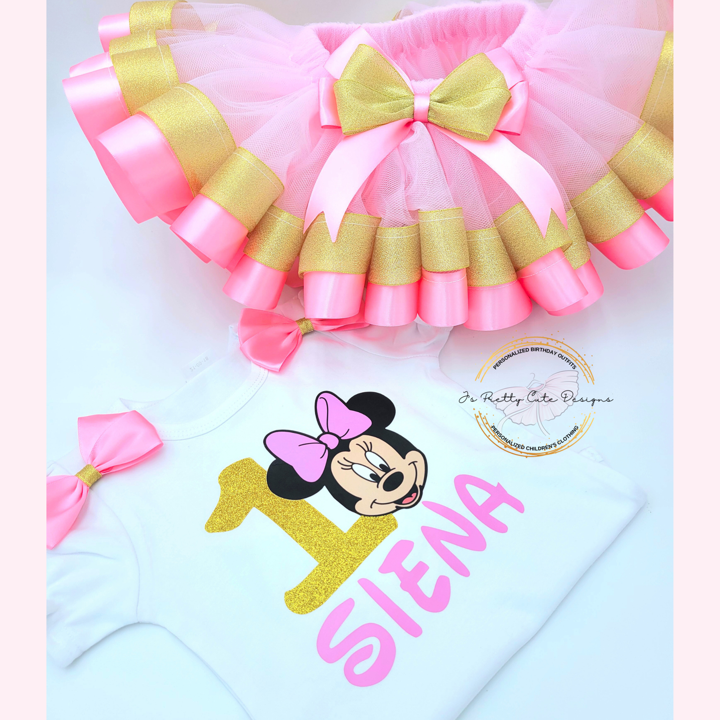 Personalized Minnie Mouse First Birthday Outfit for Girls | Pink & Gold Tutu Set